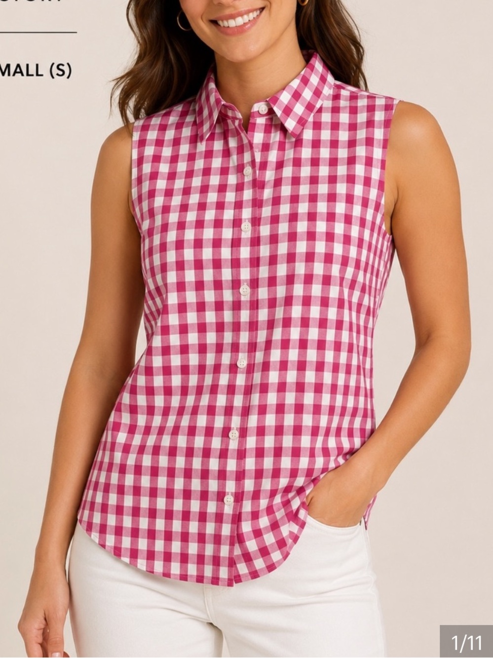 J. Crew Factory Pink and White Gingham Sleeveless Button-Down